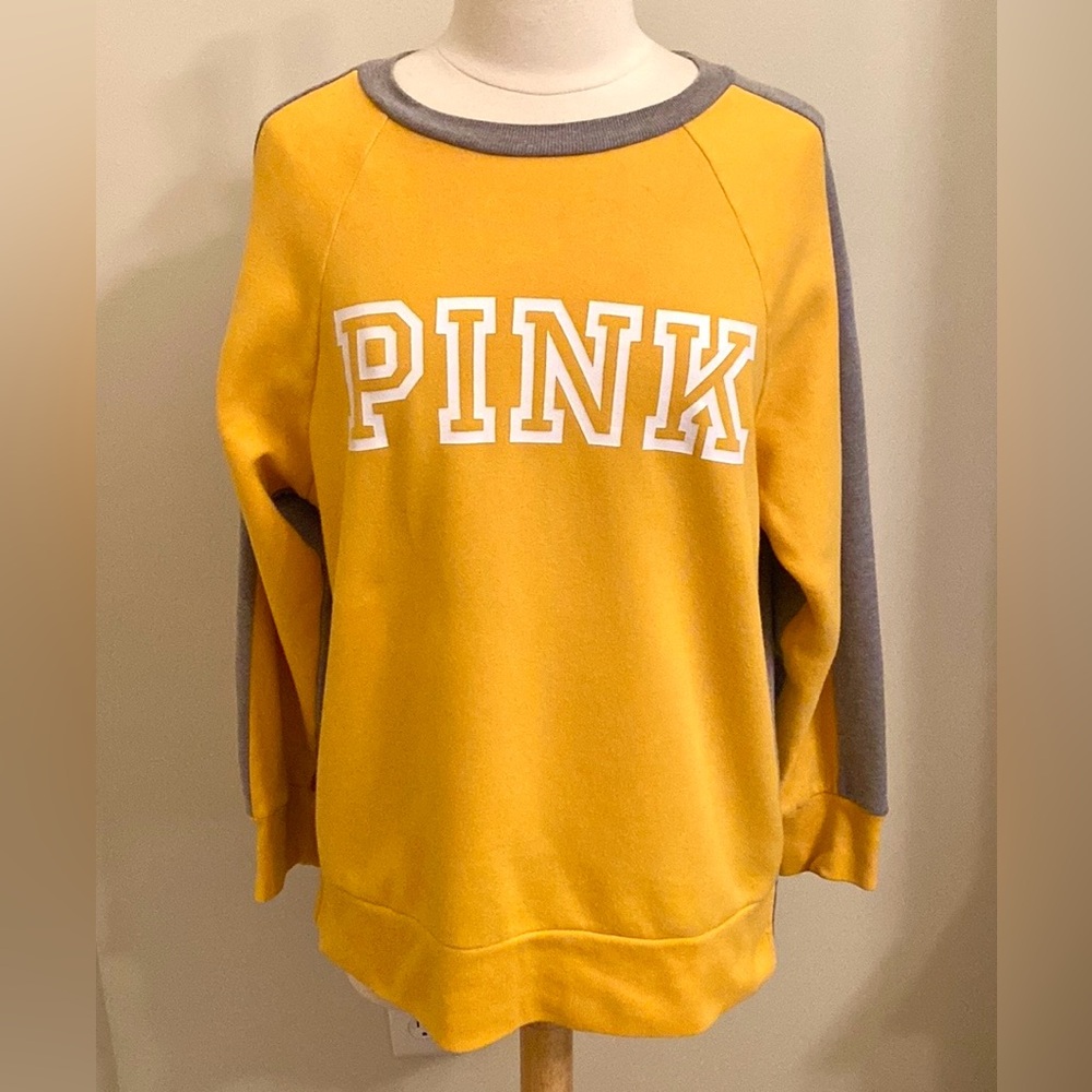 PINK Victoria’s Secret Yellow Grey Graphic Logo XS Streetwear College Sweatshirt